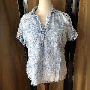 Blue Marble-Print Short Sleeve Women's Top